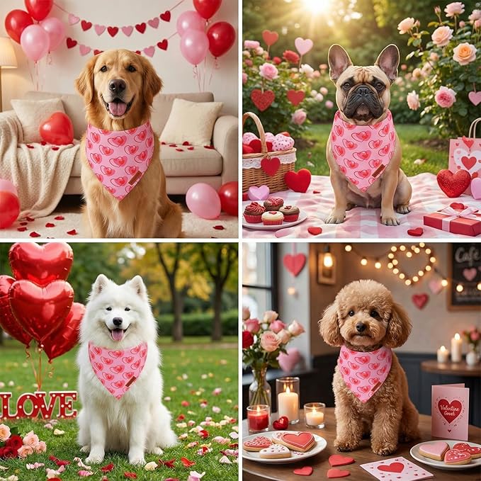 PTDECOR Valentine Dog Bandana, Reversible Heart Print Valentine Pet Scarf, Premium Durable Fabric, Pink Bandanas for Small Dogs Pets (Small)