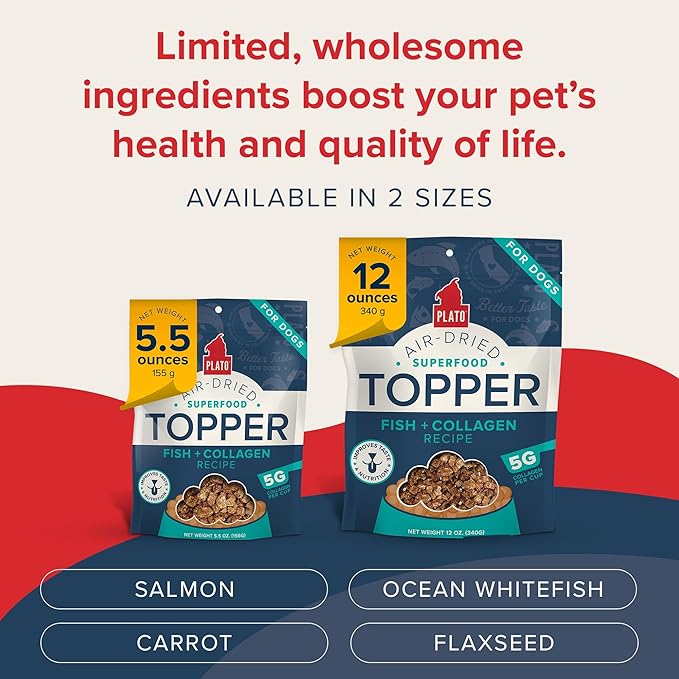 Plato Pet Treats Dog Food Toppers - Air-Dried Dog Food Toppers for Dry Food - with Collagen to Support Skin and Coat Health - Fish and Collagen Recipe 12oz