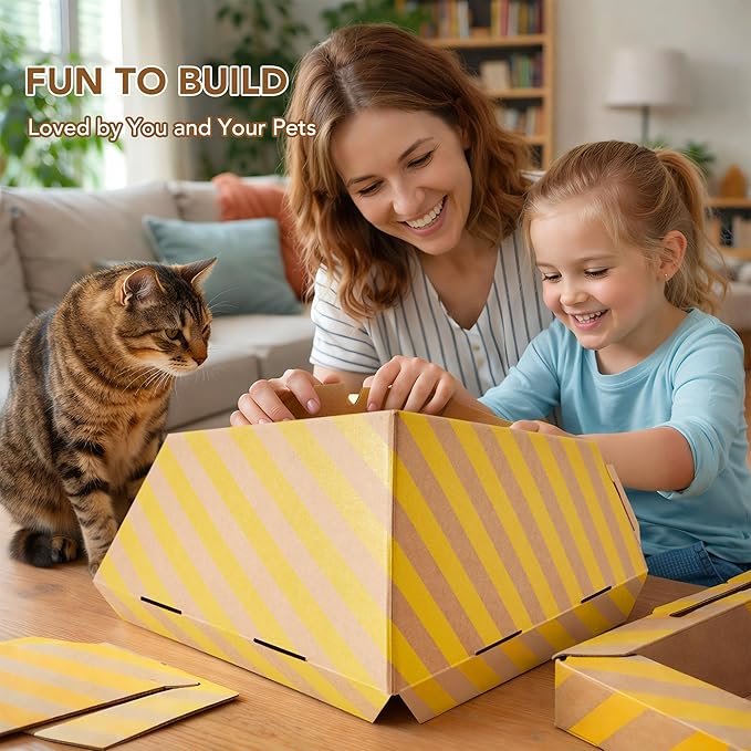 PETNOVO Foldable Cat Bed & House for Travel – Origami Cardboard Cat House with Built-in Honeycomb Scratcher Pad, No-Tools Assembly, FSC-Certified Recyclable, Yellow, 18.5" L x 18.5" W x 11.8" H