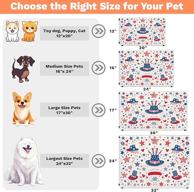 4th of July Dog Food Mat for Floors Absorbent Dog Bowl Mat for Food and Water Dispenser Quick Dry Cat Food Placemat Pet Supplies 17" x 30", American Star