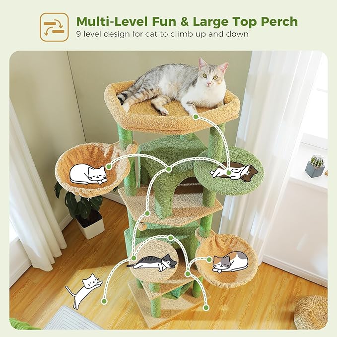 71.2 Inches Cactus Tall Cat Tree for Large Cats, Multi-Level Cat Tower with 2 Cozy Condos, Super Large Top Perch, 3 Hammocks, Sisal Scratching Posts and 2 Pompoms, Green