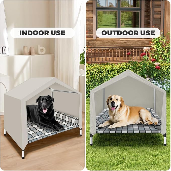 Elevated Dog Pet Bed House - Weatherproof 2-in-1 Indoor Outdoor Pet Cot with Canopy & Bolster Cooling Portable Raised Dog Bed with Pillow for Camping Beach