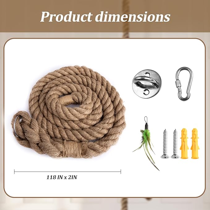 2" x 9.84Ft Cat Climbing Rope with Hook for Ceiling & Wall Mounted, Natural Sisal Rope for Cat Scratcher with Feather Toy for Indoor/Outdoor Cats, Durable Cat Tree Replacement Rope