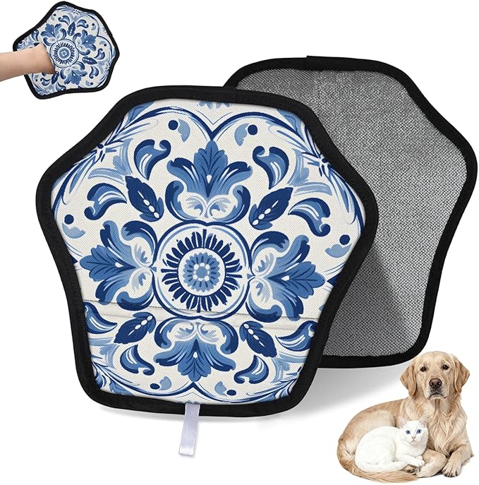 Reusable Pet Hair Removal Glove Blue Flower Design Magic Brush for Cat & Dog Hair Remover for Car, Sofa, Bedding, Clothes - 9x9 Mitt Washable
