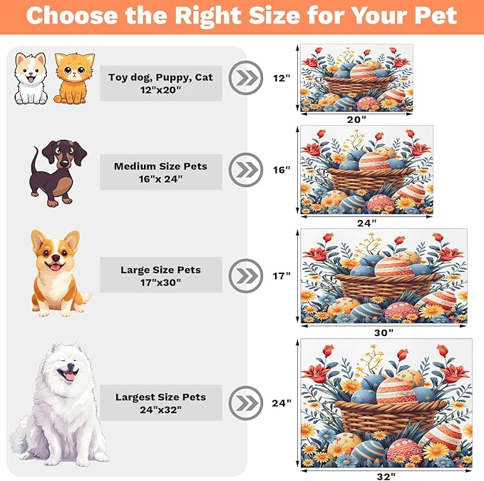 Happy Easter Dog Food Mat for Floors Absorbent Dog Bowl Mat for Food and Water Dispenser Quick Dry Cat Food Placemat Pet Supplies 17" x 30", Spring Flower