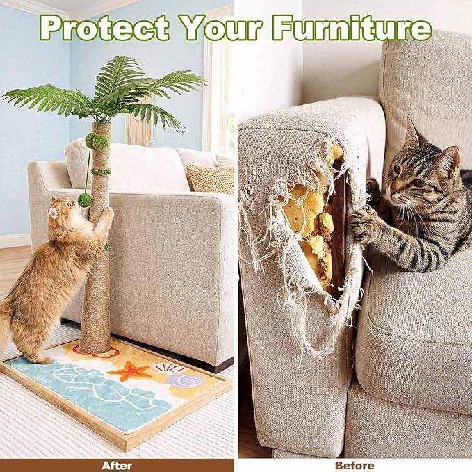 Palm Tree Cat Scratching Post, 43" Tall Carpet Cat Scratcher with Perch for Indoor Cats, Large Base Sisal Scratch Post for Adults & Kittens with Dangling Ball Toy