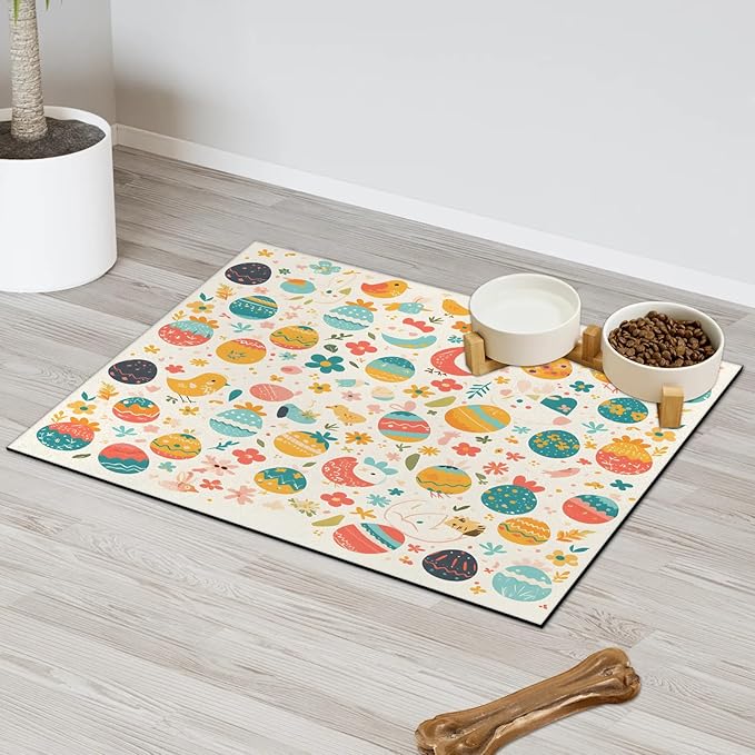 Easter Egg Dog Food Mat for Floors Absorbent Dog Bowl Mat for Food and Water Dispenser Quick Dry Cat Food Placemat Pet Supplies 16" x 24", Chicken Flower