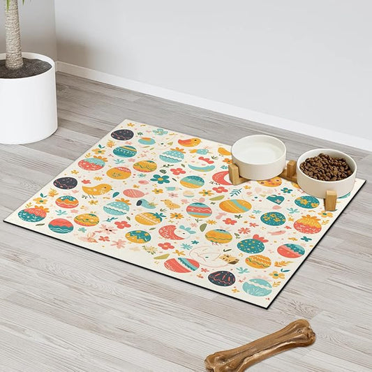 Easter Egg Dog Food Mat for Floors Absorbent Dog Bowl Mat for Food and Water Dispenser Quick Dry Cat Food Placemat Pet Supplies 12" x 20", Chicken Flower