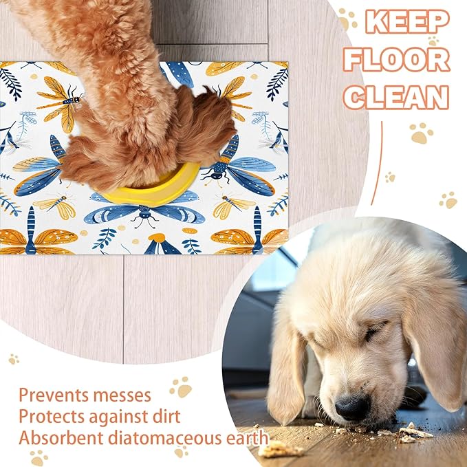 Boho Dragonfly Dog Food Mat for Floors Absorbent, Quick Dry Water Dispenser Mat for Food, Water, Pet Supplies 24" x 32", Wildflower