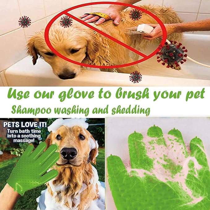 YOFANG Double-Side Pet Grooming Gloves, 4-in-1 Bathing Massage Hair Remover Brush, Anti-Slip Bite-Proof for Cat,Food Grade Silicone Deshedding Glove for Dogs Cats Horses Rabbits,Green-9" L (1 Pair)