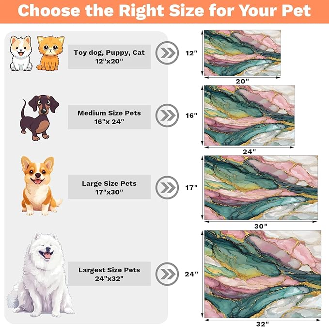 Green Pink Marble Dog Food Mat for Floors Absorbent, Quick Dry Water Dispenser Mat for Food, Water, Pet Supplies 17" x 30", Abstract