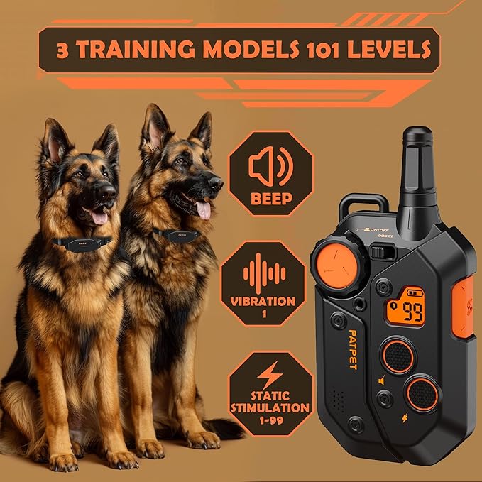 PATPET Dog Training Collar, 1.2 Mile Range 101 Training Levels Dog Shock Collar with Remote Control (15-150 lbs), Waterproof 100% Safe E Collar for Large Breed for 2 Dogs Black Orange