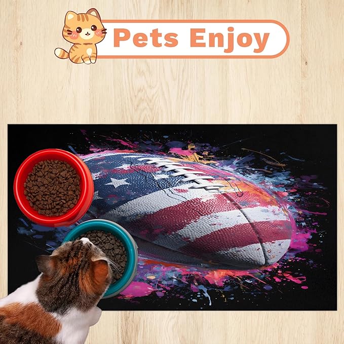 Rugby American Flag Dog Food Mat for Floors Absorbent, Quick Dry Water Dispenser Mat for Food, Water, Pet Supplies 16" x 24", 4th of July