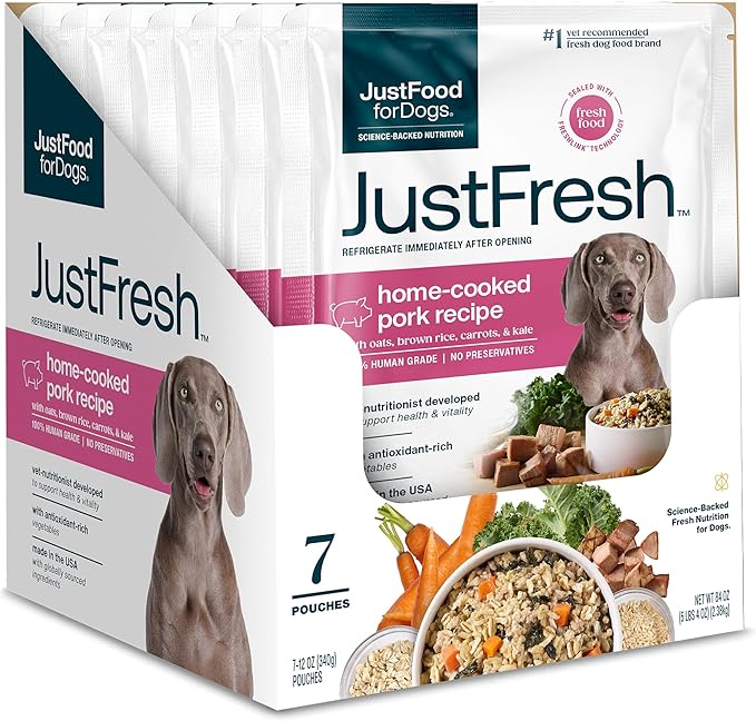 JustFoodForDogs JustFresh Wet Dog Food, Fresh Pet Meals and Toppers with No Preservatives, Resealable Package, Human Grade, Home-Cooked Porl, 12 oz - 7 Pack