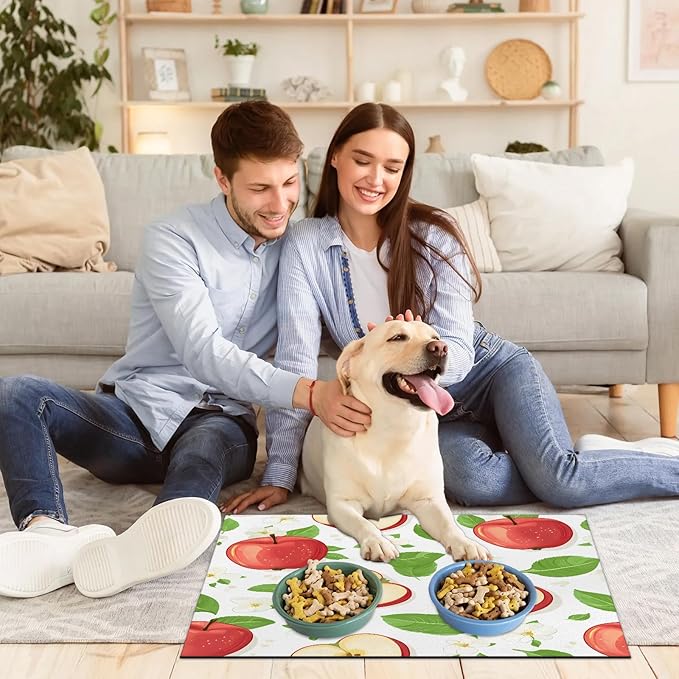 Apples Fruit Dog Food Mat for Floors Absorbent Dog Bowl Mat for Food and Water Dispenser Quick Dry Cat Food Placemat Pet Supplies 12" x 20", Green Leaves