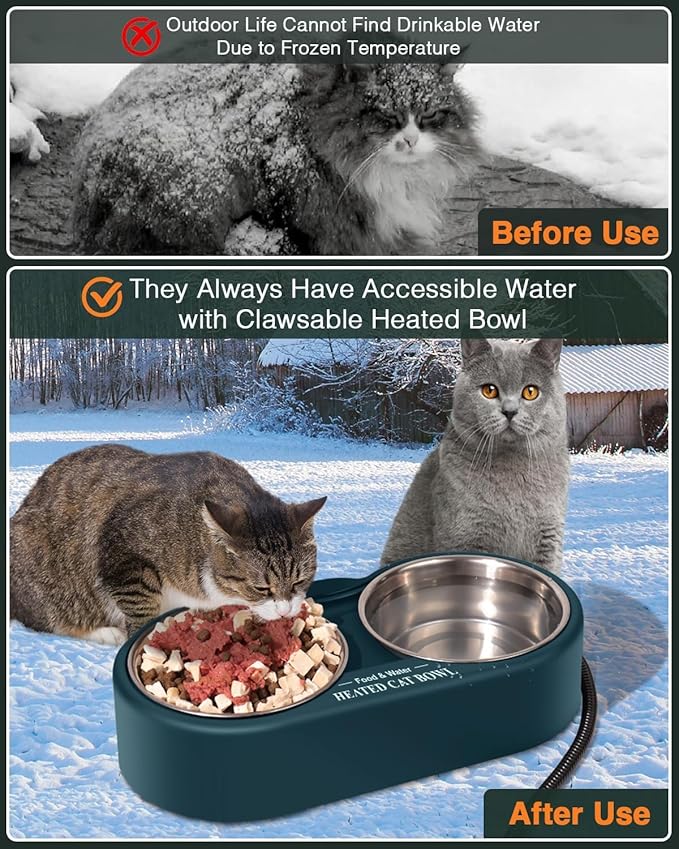 Heated Water Bowl for Outdoor Cats, 2 Thermal Stainless Steel Heated Cat Bowl for Outside, Ice Free & BPA Free Heated Pet Bowl for Small Animals Squirrel Rabbits Chickens Bird Bath in Winter