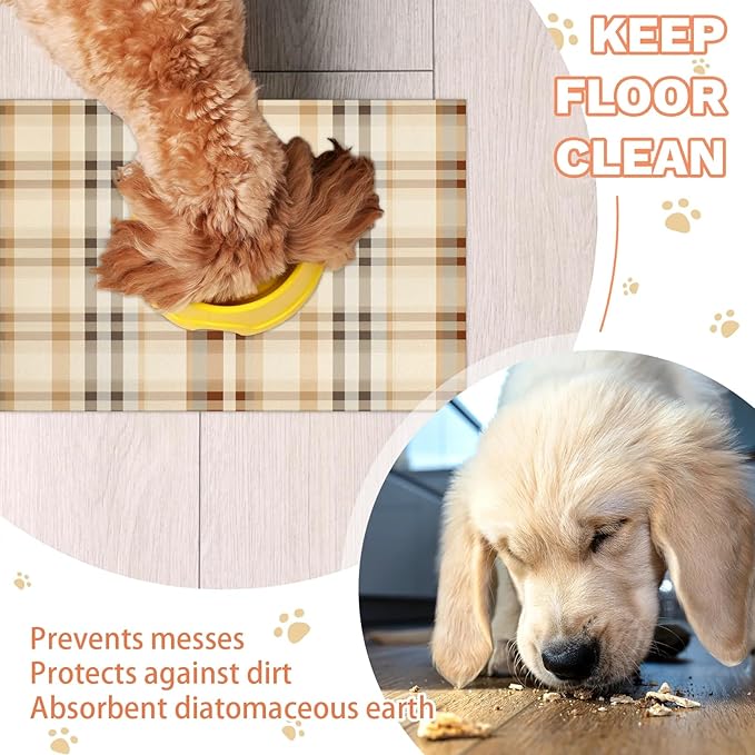 Plaid Dog Food Mat for Floors Absorbent, Quick Dry Water Dispenser Mat for Food, Water, Pet Supplies 12" x 20", Vintage Buffalo