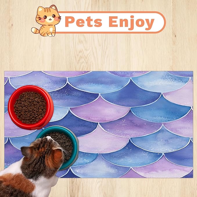 Mermaid Scales Dog Food Mat for Floors Absorbent Dog Bowl Mat for Food and Water Dispenser Quick Dry Cat Food Placemat Pet Supplies 12" x 20", Blue Purple Ocean