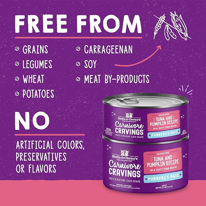 Stella & Chewy's Carnivore Cravings Purrfect Paté - Premium Grain-Free Wet Cat Food - Tuna & Pumpkin Recipe - High Protein with Bone Broth - Perfect for Picky Eaters - 5.2oz Cans (24 Pack)