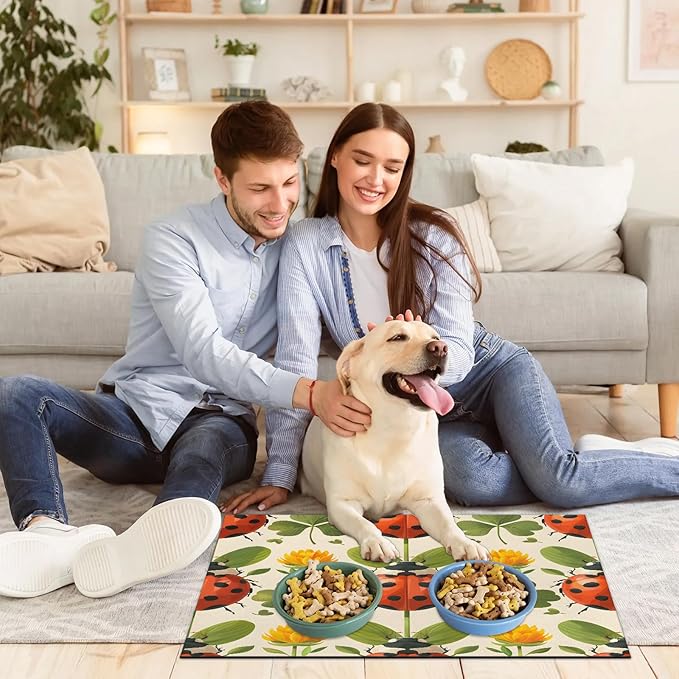 Boho Ladybird Dog Food Mat for Floors Absorbent, Quick Dry Water Dispenser Mat for Food, Water, Pet Supplies 24" x 32", Flower