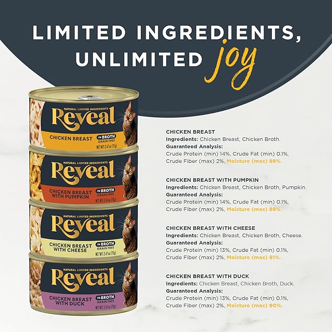 Reveal Natural Wet Canned Cat Food, 4-Flavor Variety Pack, Limited Ingredient, Grain Free, High Protein with No Artificial Additives, Chicken Variety in Broth (12 x 2.47 oz Cans)