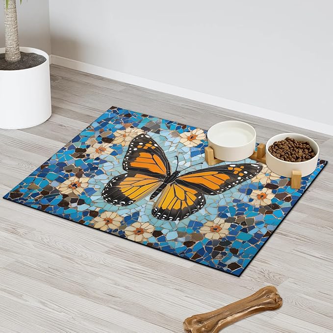 Butterfly Dog Food Mat for Floors Absorbent, Quick Dry Water Dispenser Mat for Food, Water, Pet Supplies 16" x 24", Colorful Floral
