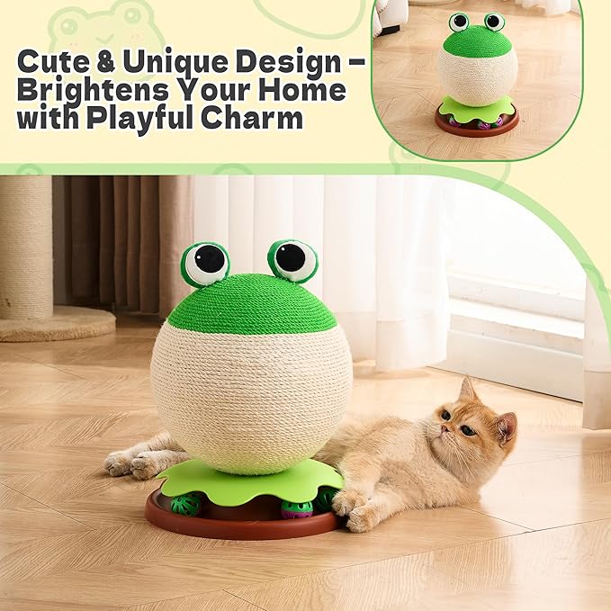 Frog Cat Scratcher - 3 in 1 Cute Cat Scratching Post for Indoor Cats with Bell Ball Track - Natural Sisal Cat Scratcher Ball Toy Orange/Bee Aesthetic Cat Furniture, Space-Saving Interactive Kitten Toy