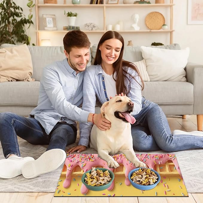 Ice Cream Dog Food Mat for Floors Absorbent Dog Bowl Mat for Food and Water Dispenser Quick Dry Cat Food Placemat Pet Supplies 17" x 30", Cute Waffle