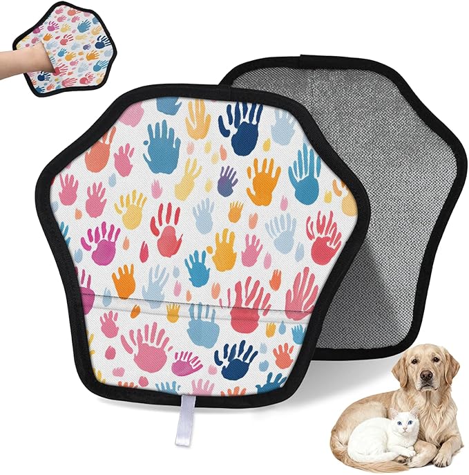 Reusable Pet Hair Removal Glove Colorful Hand Prints Magic Brush for Cat & Dog Hair Remover for Car, Sofa, Bedding, Clothes - 9x9 Mitt Washable
