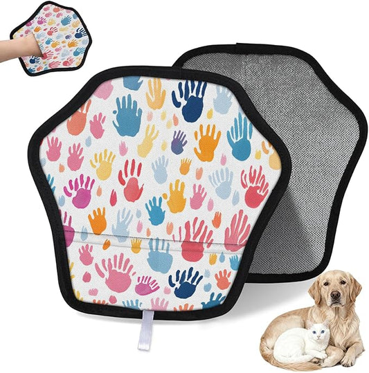 Reusable Pet Hair Removal Glove Colorful Hand Prints Magic Brush for Cat & Dog Hair Remover for Car, Sofa, Bedding, Clothes - 9x9 Mitt Washable