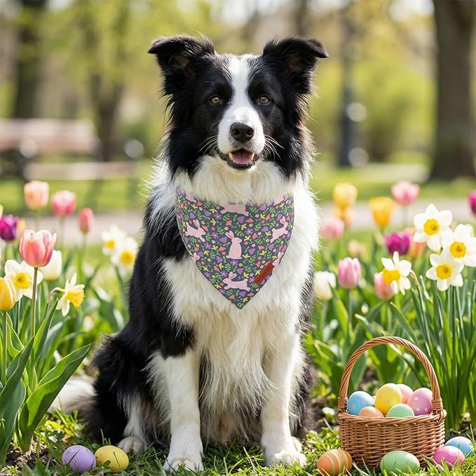 PTDECOR Easter Dog Bandana, Rabbit Floral Dog Scarf, Premium Durable Fabric, Black Easter Bandanas for Medium Large Dogs Pets (Large)