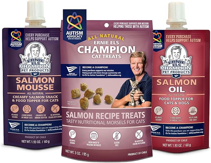 Ernie Els Premium Soft Cat Treats, Oil and Supplement Bundle: Salmon Treats, Salmon Mousse Topper and Salmon Oil Supplement, (Pack of 3)