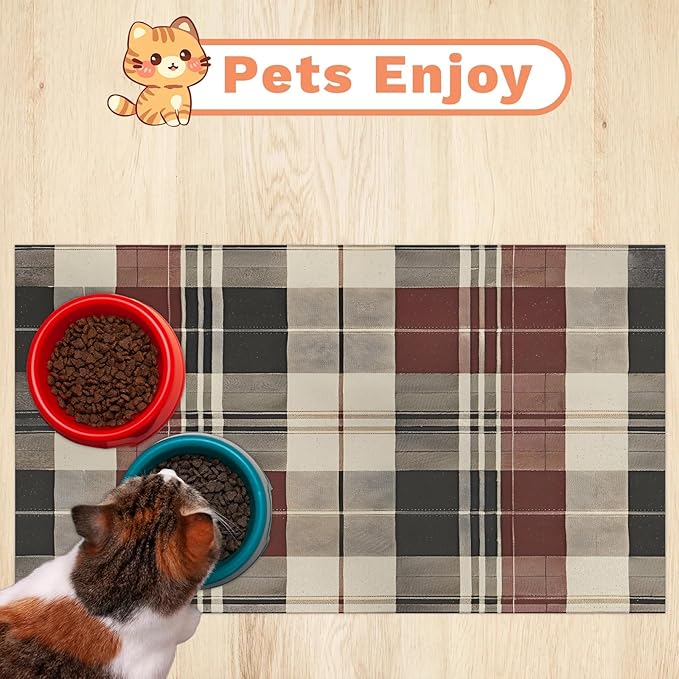 Buffalo Check Dog Food Mat for Floors Absorbent, Quick Dry Water Dispenser Mat for Food, Water, Pet Supplies 24" x 32", Buffalo Check