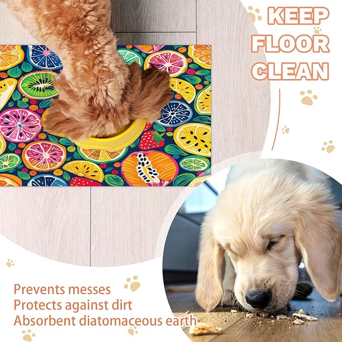 Watercolor Lemon Dog Food Mat for Floors Absorbent Dog Bowl Mat for Food and Water Dispenser Quick Dry Cat Food Placemat Pet Supplies 16" x 24", Colorful Fruit