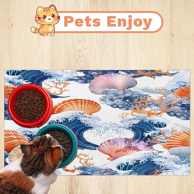 Nautical Coastal Dog Food Mat for Floors Absorbent Dog Bowl Mat for Food and Water Dispenser Quick Dry Cat Food Placemat Pet Supplies 12" x 20", Colorful Seashell