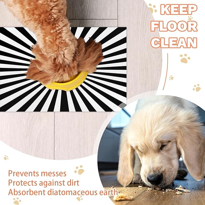 Striped Dog Food Mat for Floors Absorbent, Quick Dry Water Dispenser Mat for Food, Water, Pet Supplies 16" x 24", White Black