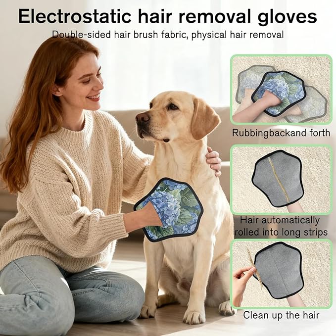 Reusable Pet Hair Removal Glove Hydrangeas Magic Brush for Cat & Dog Hair Remover for Car, Sofa, Bedding, Clothes - 9x9 Mitt Washable