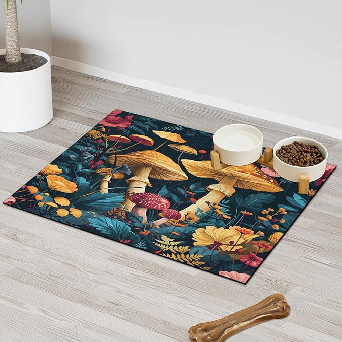 Mushroom Dog Food Mat for Floors Absorbent Dog Bowl Mat for Food and Water Dispenser Quick Dry Cat Food Placemat Pet Supplies 12" x 20", Forest Theme