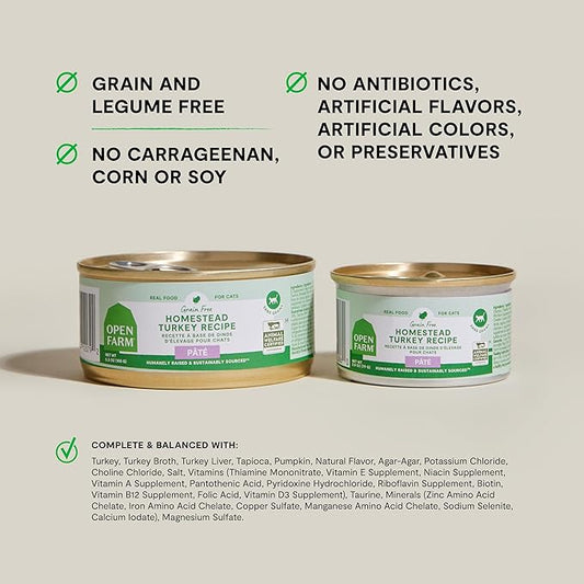 Open Farm Canned Cat Food, Pate for Complete & Balanced Nutrition, Grain Free and Legume-Free Wet Cat Food, Homestead Turkey Recipe, 2.8oz Cans (Case of 18)