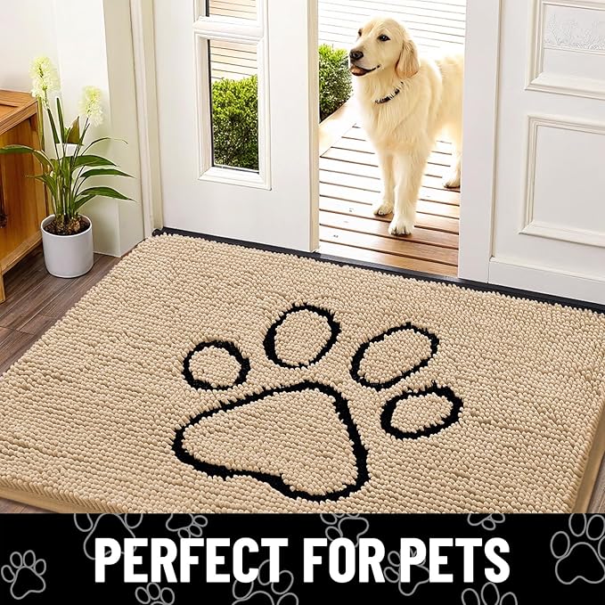Smiry Dog Door Mat for Muddy Paws, Absorbent Dirt Trapper Non Slip Quick Dry Washable Chenille Mat for Mud Dogs, Entry Rug for Indoor and Outdoor (48x30 Inches, Beige and Black)