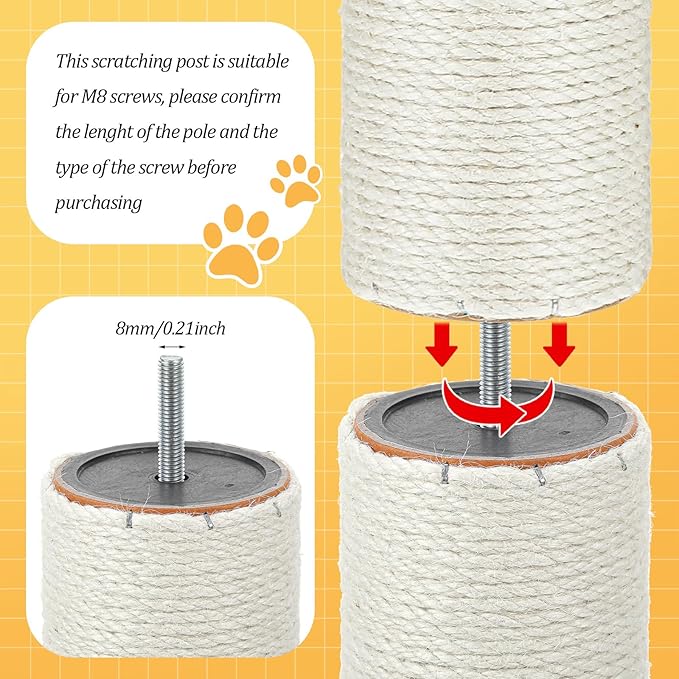 2 Pcs Cat Scratching Post Replacement, 15.7 x 3 Inch Sisal Pole Cat Tree Replacement Post with M8 Screws, Refill Scratcher Posts for Indoor Kitten Tree Tower Spare Cats Furniture Protector