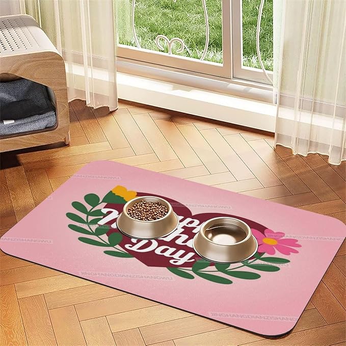 Non Slip Mat for Dog Pet Cat Dog Food Mats Happy Mother's Day Floral Gift for Mom Gg Water Bowl Mat Quick Dry Absorbent Cat Feeding Mats 24x16In