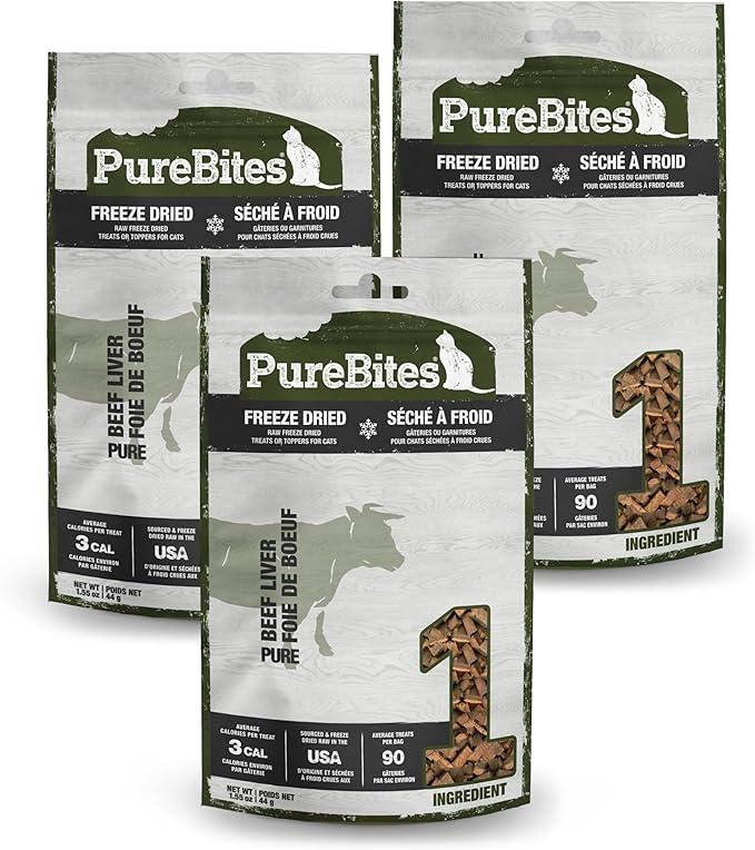 PureBites Freeze Dried Cat Treats, Beef Liver, 44g || 1.55oz Pack of 3