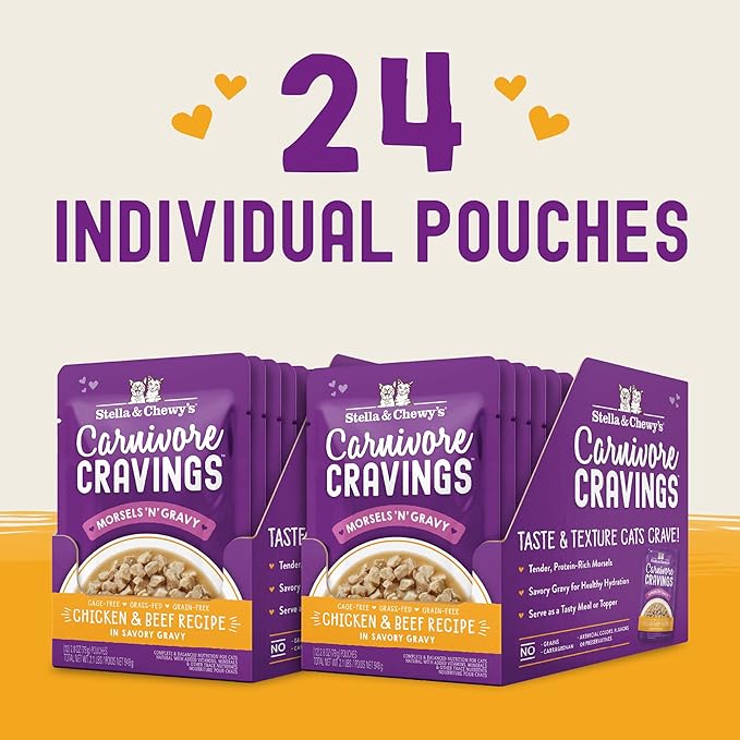Stella & Chewy's Carnivore Cravings Wet Cat Food Pouches - Premium Chicken & Beef Recipe - Grain-Free Morsels & Gravy - Perfect for Picky Eaters - Complete Meal or Topper - 2.8oz, 24-Pack