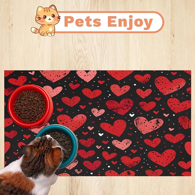 Valentines Dog Food Mat for Floors Absorbent, Quick Dry Water Dispenser Mat for Food, Water, Pet Supplies 16" x 24", Colorful Candy Heart
