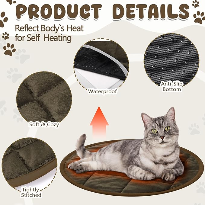 2 Pcs Self Warming Cat Mat Round Self Heating Pad Bed Reversible Machine Washable Heated Bed Anti Slip Warming Pad Pet Mat for Cat Crate Indoor Outdoor(Coffee,16 Inch)