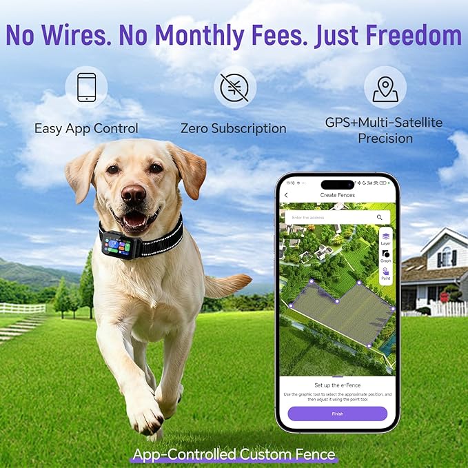 GPS Wireless Dog Fence – with Dog Collar & Free App, Custom GPS Fence, Beep/Vibration/Static Modes, IP67 Waterproof, Long Battery Life, for Dogs 10–120 lbs