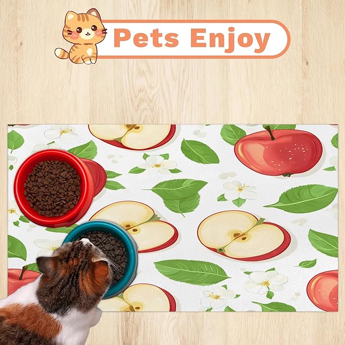 Apples Fruit Dog Food Mat for Floors Absorbent Dog Bowl Mat for Food and Water Dispenser Quick Dry Cat Food Placemat Pet Supplies 17" x 30", Green Leaves