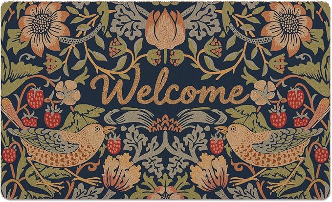 Boho Door Mat Retro Floral Outdoor Welcome Mats,Cute Outside Entrance Non Slip Doormat, Porch Back Door Home Decor(24x36 Inchin, Strawberry Birds)