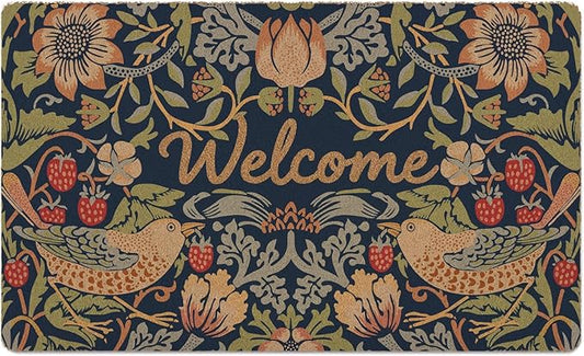 Boho Door Mat Retro Floral Outdoor Welcome Mats,Cute Outside Entrance Non Slip Doormat, Porch Back Door Home Decor(24x36 Inchin, Strawberry Birds)